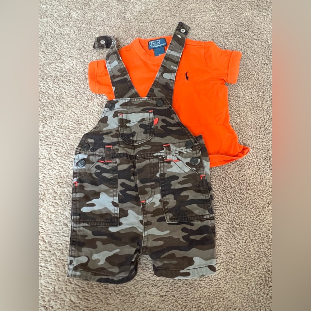 3-6 mo boys camo overall shorts & tee